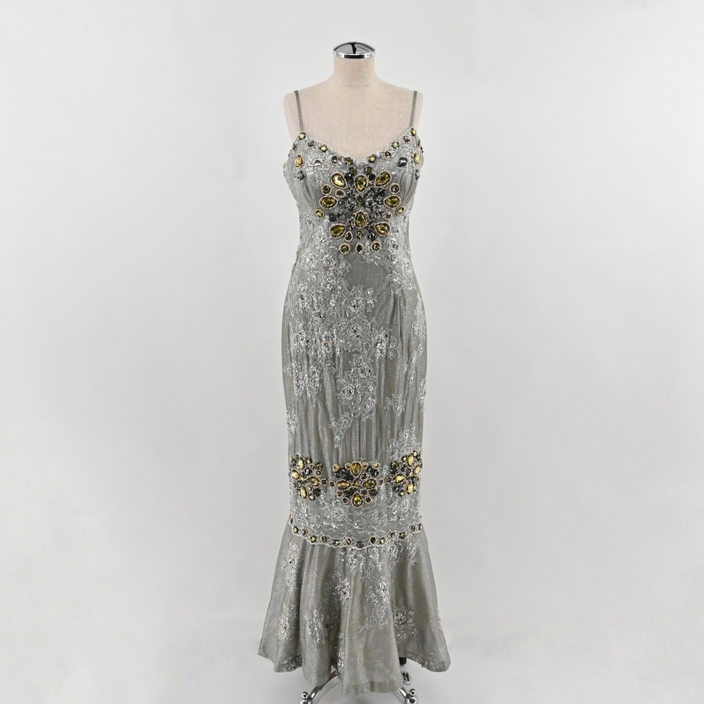Mandalay Beaded Lace Mermaid Gown Womens Size 14 Silver Formal Evening Dress Y2K